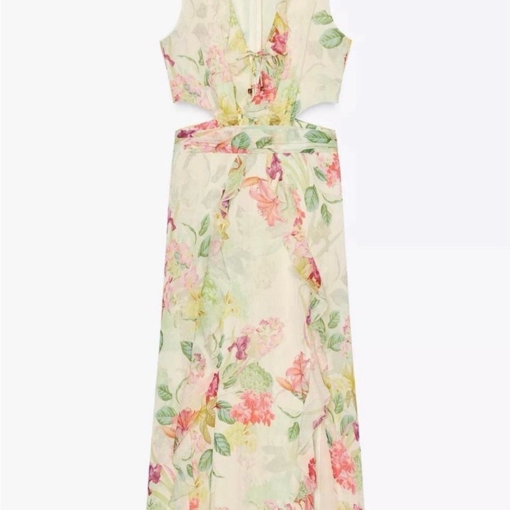 Zara Cream Floral Maxi Dress with Pink & Green Accents